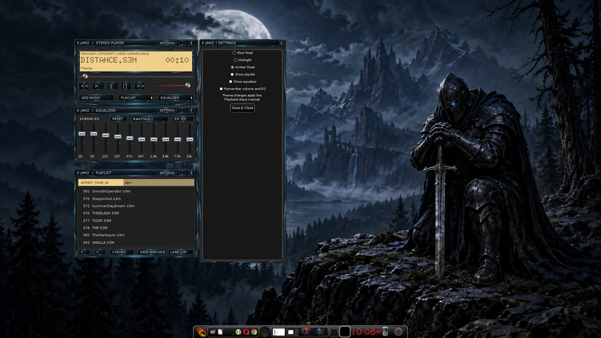 E-Jamz running on the AlpinE desktop with its player, playlist and equalizer