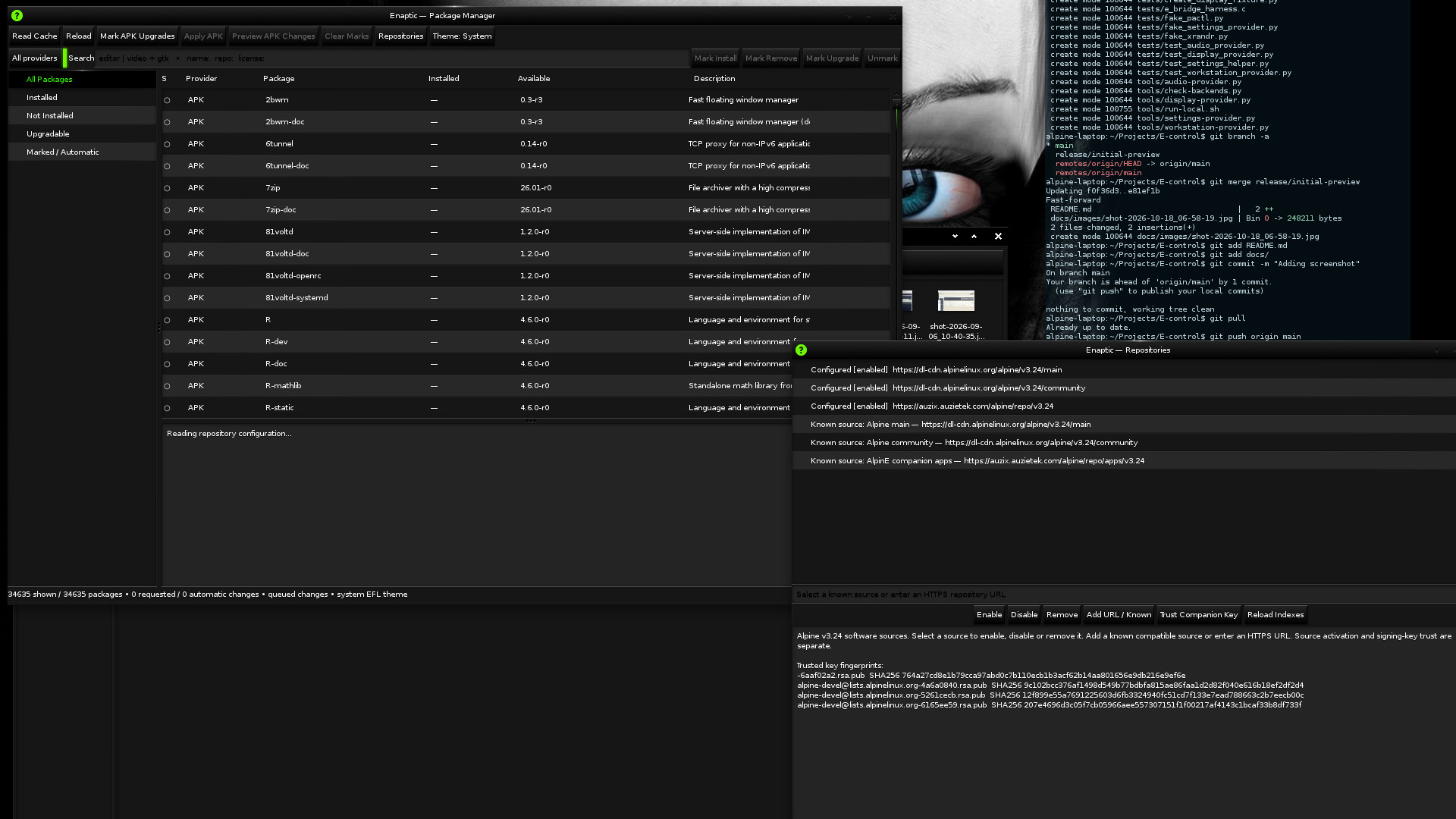 Enaptic repository screenshot showing package search and transaction controls